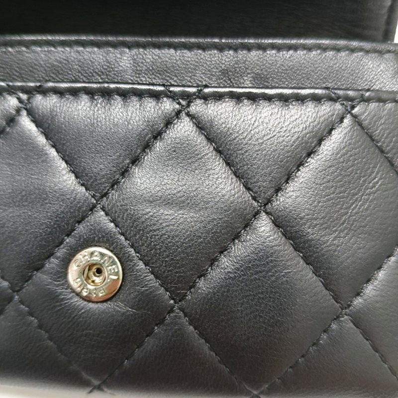 CHANEL CLASSIC FLAP 黑色羊皮萎格紋卡包 銀色五金 24開 配件齊全-9