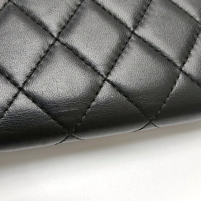 CHANEL CLASSIC FLAP 黑色羊皮萎格紋卡包 銀色五金 24開 配件齊全-11