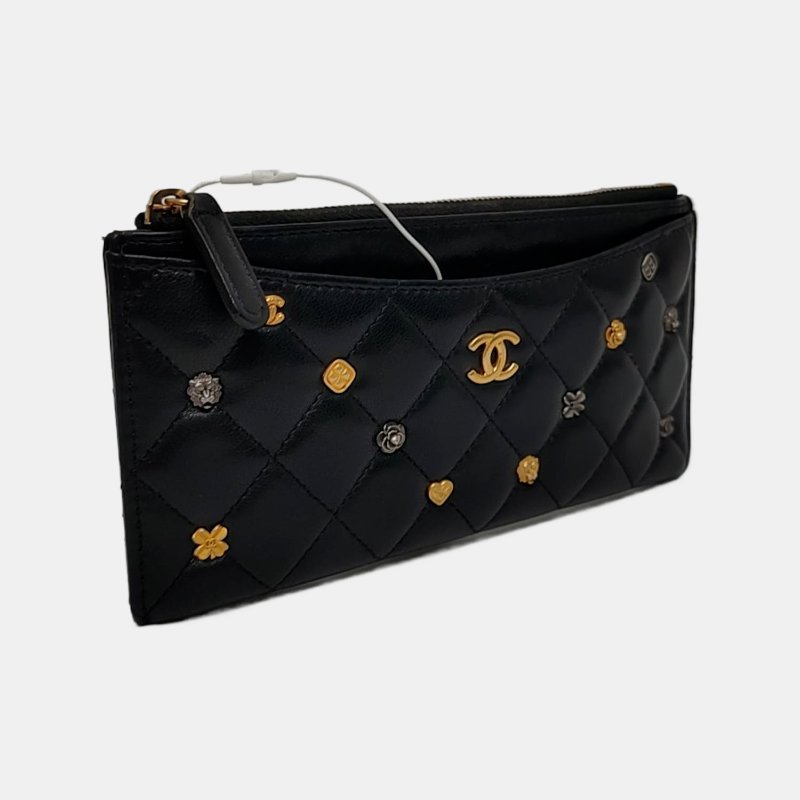 CHANEL 黑色羊皮菱格紋縫製錢包 卡包 26開-2