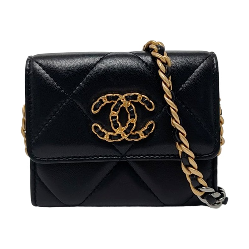 CHANEL 19bag 黑色羊皮菱格紋單肩包斜挎包 30開 配件齊全-0