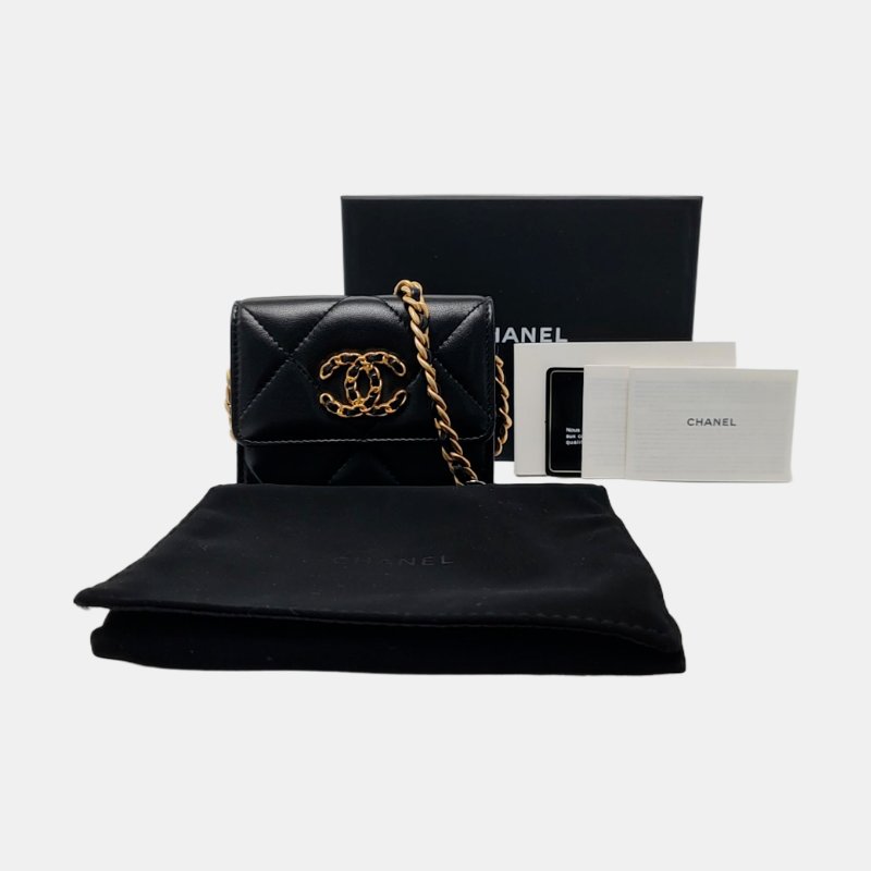 CHANEL 19bag 黑色羊皮菱格紋單肩包斜挎包 30開 配件齊全-7