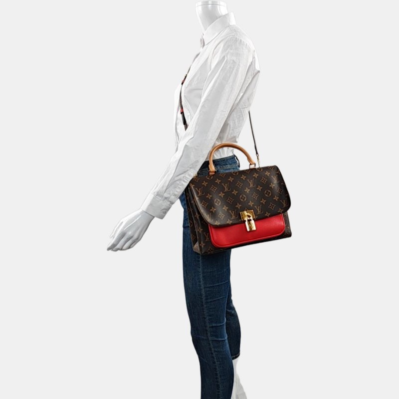 LOUIS VUITTON MARIGNAN 棕色塗層帆布老花鎖頭包單肩包手提包斜挎包 金色五金 可拆卸肩帶-1