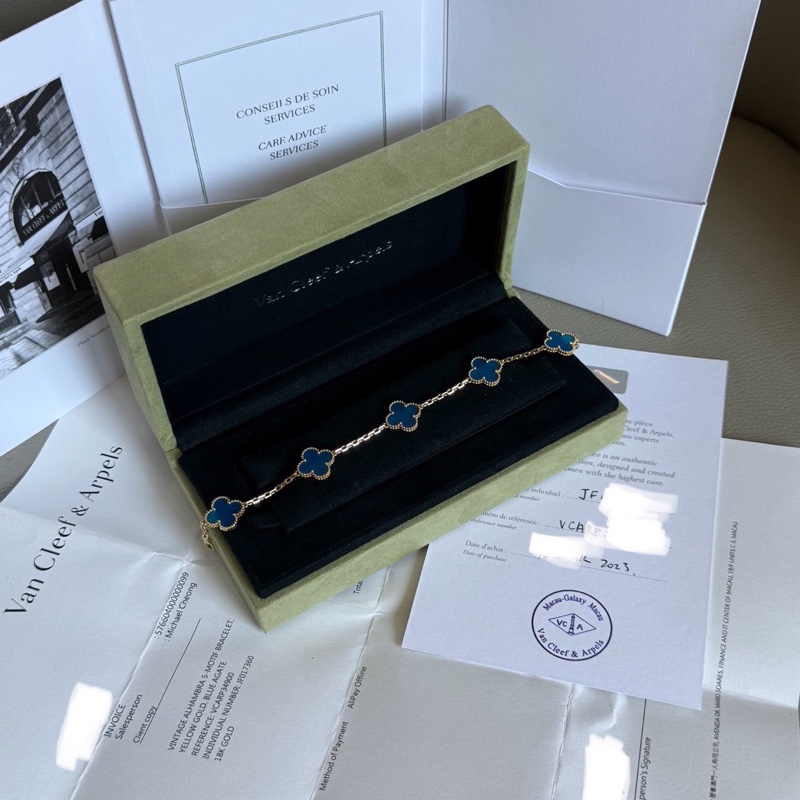 VCA 梵克雅寶 五花手鏈 藍五花 Vintage Alhambra手鍊 5枚四葉幸運圖騰-3