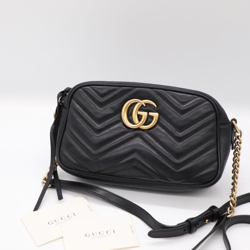 Gucci 古馳 Marmont 小號 黑色牛皮 GG 金釦 鏈條包 相機包-1