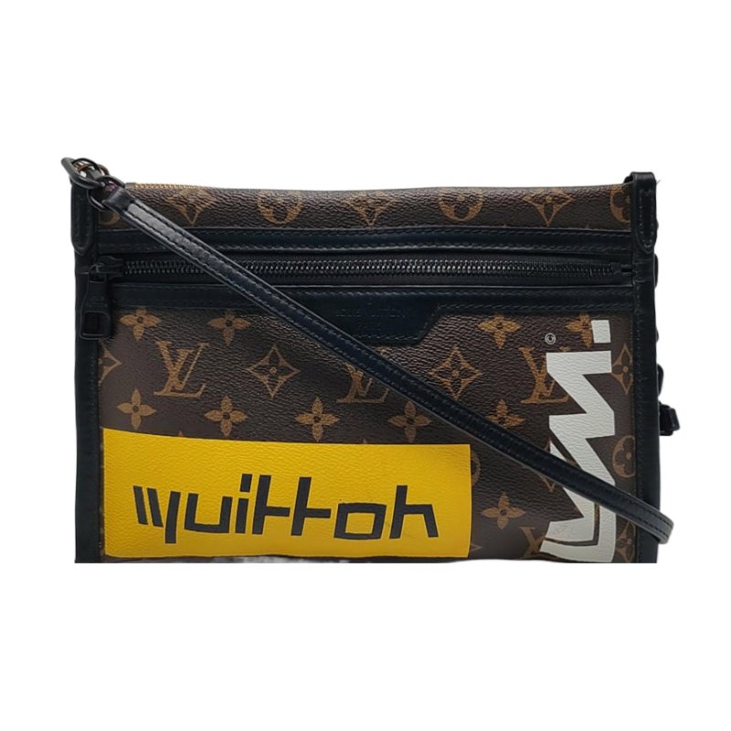 LOUIS VUITTON FLAT 棕色塗層帆布老花印花單肩包斜背包 金色黑色五金 子袋可拆卸肩帶-0