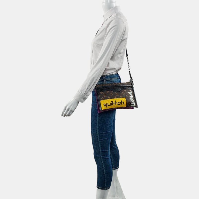 LOUIS VUITTON FLAT 棕色塗層帆布老花印花單肩包斜背包 金色黑色五金 子袋可拆卸肩帶-1