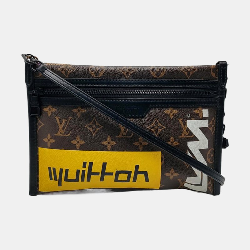 LOUIS VUITTON FLAT 棕色塗層帆布老花印花單肩包斜背包 金色黑色五金 子袋可拆卸肩帶-7