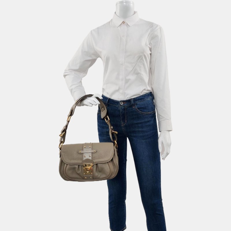 LOUIS VUITTON LE SUPERBE 灰色牛皮鉚釘單肩包手提包 金色五金 可拆卸肩帶-1