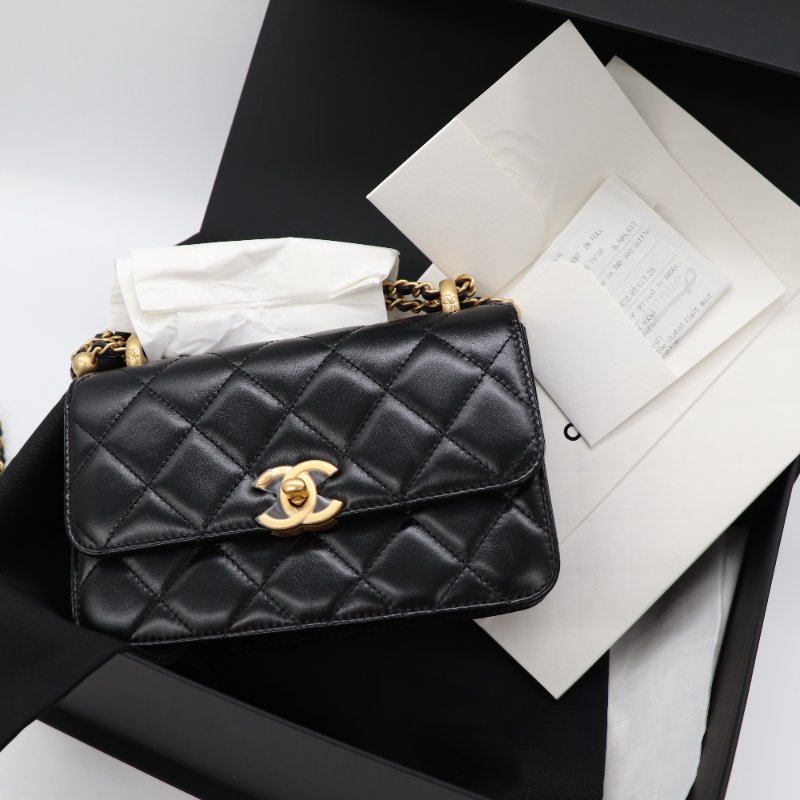 【超級新♥️包裝未拆】Chanel 香奈兒 黑色菱格紋 羊皮 雙金球 經典口蓋包 鏈條包 斜跨包-0