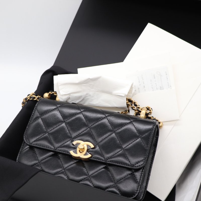 【超級新♥️包裝未拆】Chanel 香奈兒 黑色菱格紋 羊皮 雙金球 經典口蓋包 鏈條包 斜跨包-1