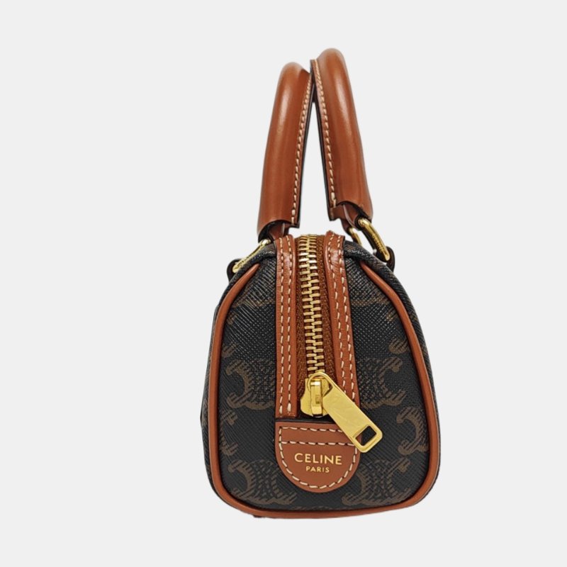CELINE 迷你 棕色塗層帆布凱旋門肩背包斜背包 金色五金 可拆卸肩帶-3