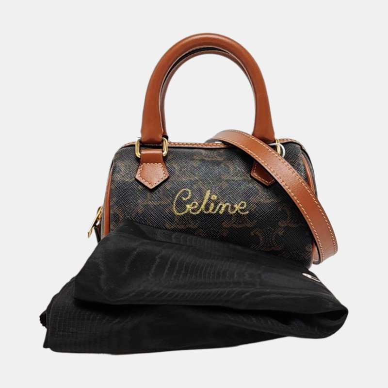 CELINE 迷你 棕色塗層帆布凱旋門肩背包斜背包 金色五金 可拆卸肩帶-7