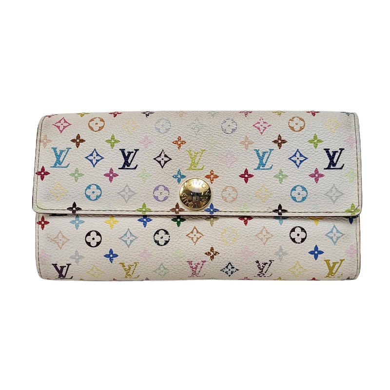 LOUIS VUITTON PORTE MONNAIE 白三彩塗層帆布老花皮夾 金色五金-0