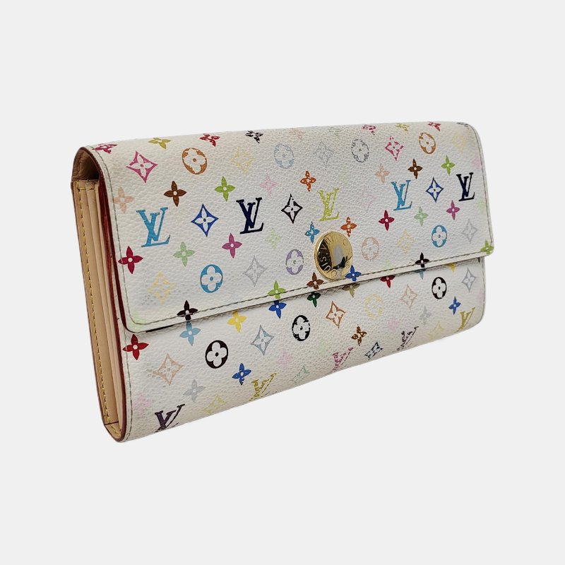 LOUIS VUITTON PORTE MONNAIE 白三彩塗層帆布老花皮夾 金色五金-4
