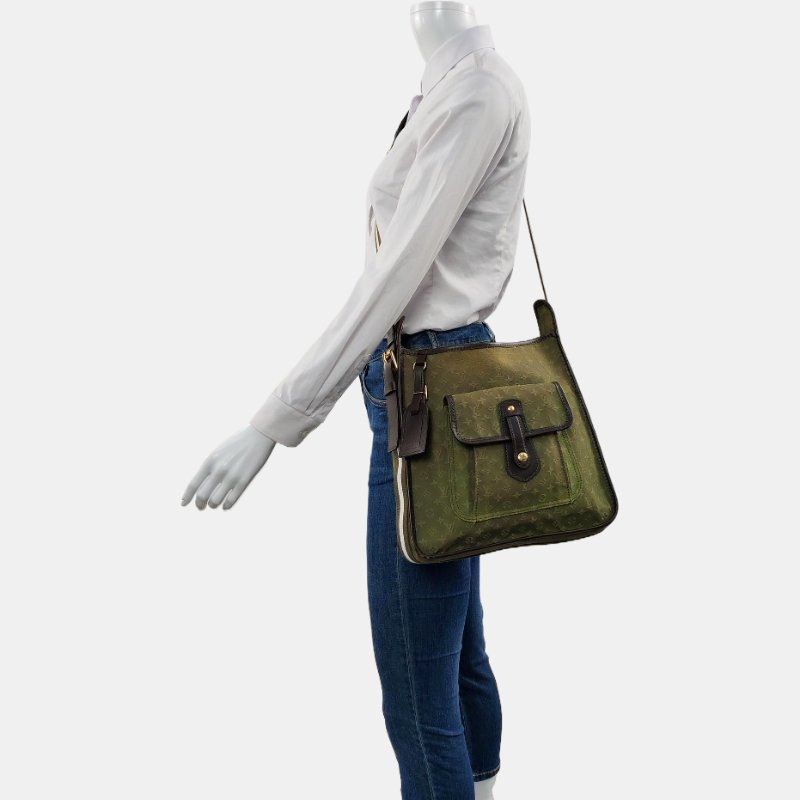 LOUIS VUITTON MARY KATE 綠色帆布 老花斜背包單肩包 金色五金-1