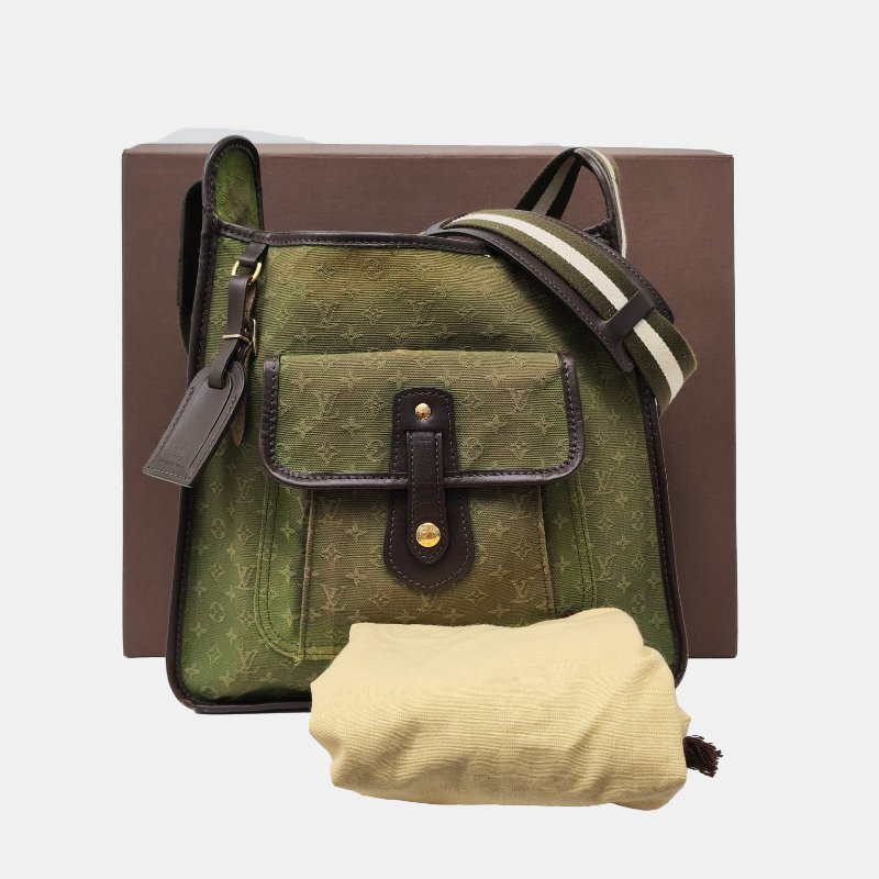 LOUIS VUITTON MARY KATE 綠色帆布 老花斜背包單肩包 金色五金-7