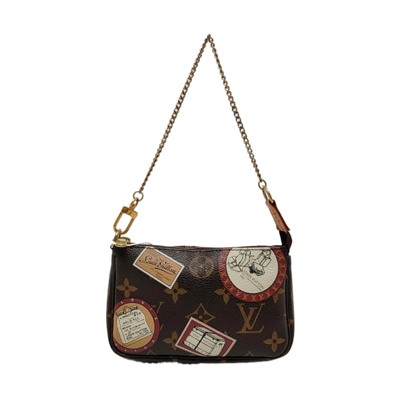 LOUIS VUITTON ACCESSOIRES 迷你 棕色塗層帆布老花印花小麻將手提包手拿包 金色五金-0