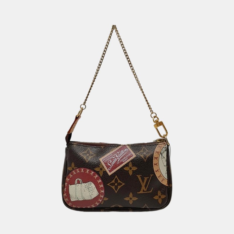 LOUIS VUITTON ACCESSOIRES 迷你 棕色塗層帆布老花印花小麻將手提包手拿包 金色五金-4