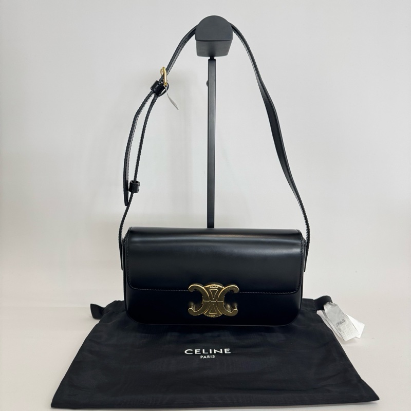 Celine TRIOMPHE 凱旋門 亮澤牛皮革 黑色金扣 肩背包 斜背包-0