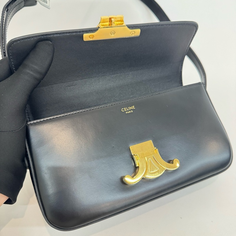 Celine TRIOMPHE 凱旋門 亮澤牛皮革 黑色金扣 肩背包 斜背包-5