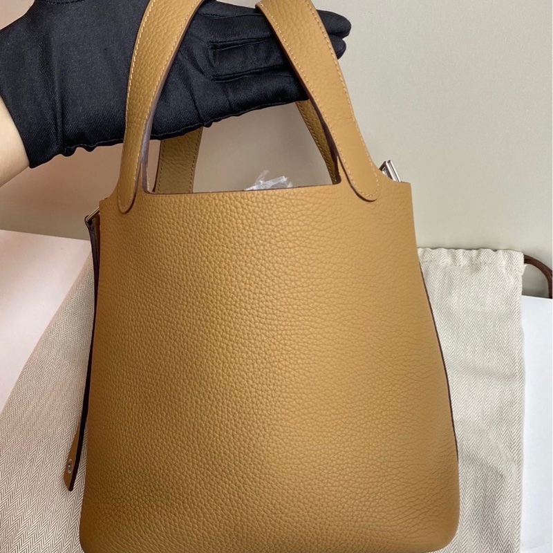 未使用 Hermes愛馬仕菜籃子18 4B餅乾色銀扣 U刻 全膜擱置品-6