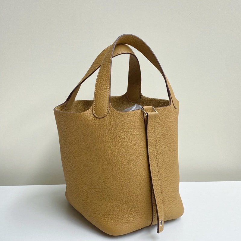 未使用 Hermes愛馬仕菜籃子18 4B餅乾色銀扣 U刻 全膜擱置品-9