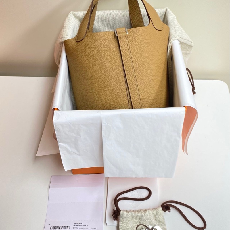 未使用 Hermes愛馬仕菜籃子18 4B餅乾色銀扣 U刻 全膜擱置品-12