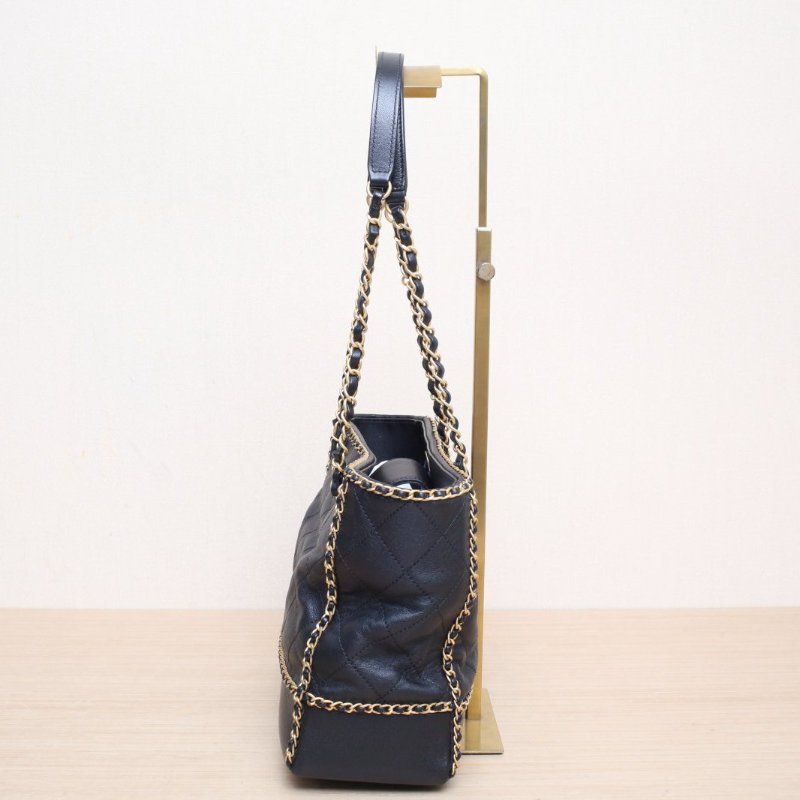CHANEL 黑色牛皮晶片開金扣21B皮穿鏈tote肩背包-4