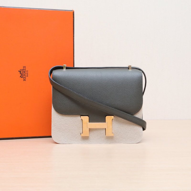 HERMES Constance康康19帶鏡子新版C6灰綠色Epsom皮U刻玫瑰金扣肩背包-0