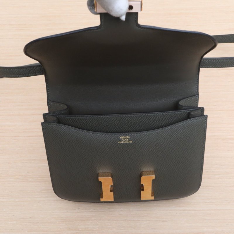 HERMES Constance康康19帶鏡子新版C6灰綠色Epsom皮U刻玫瑰金扣肩背包-2
