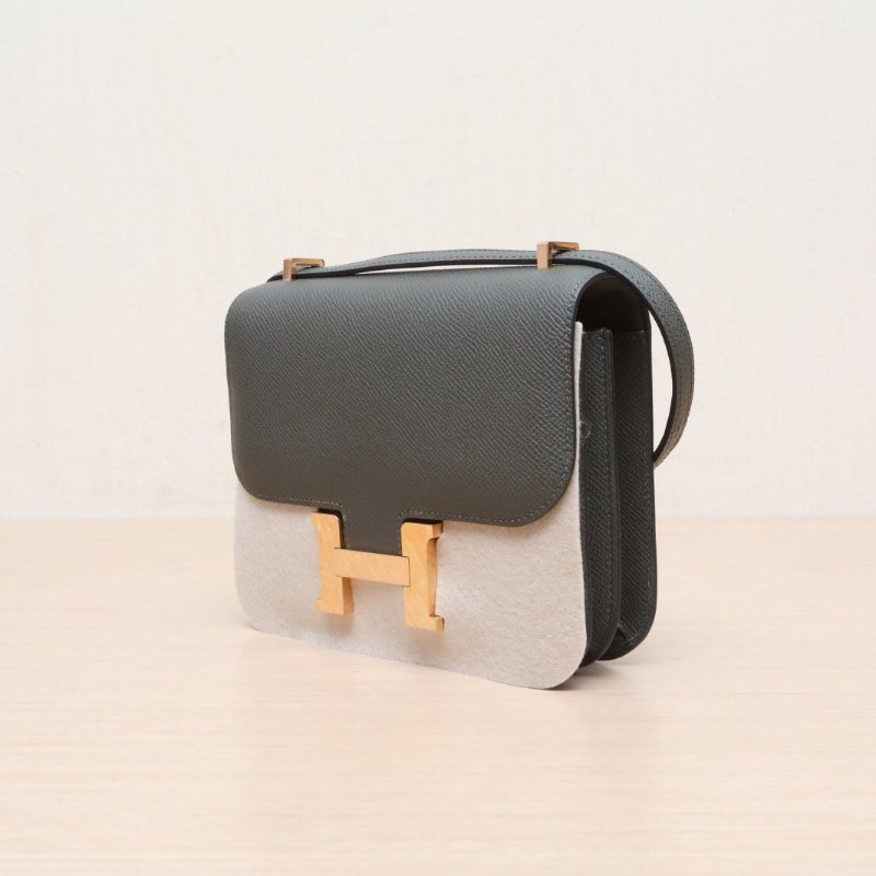 HERMES Constance康康19帶鏡子新版C6灰綠色Epsom皮U刻玫瑰金扣肩背包-4