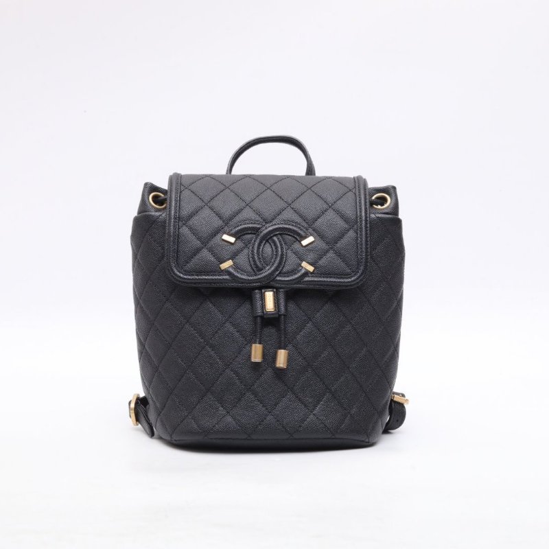 CHANEL 黑色荔枝牛皮28開金扣香奈兒chanel荔枝牛皮雙肩包肩背包-1