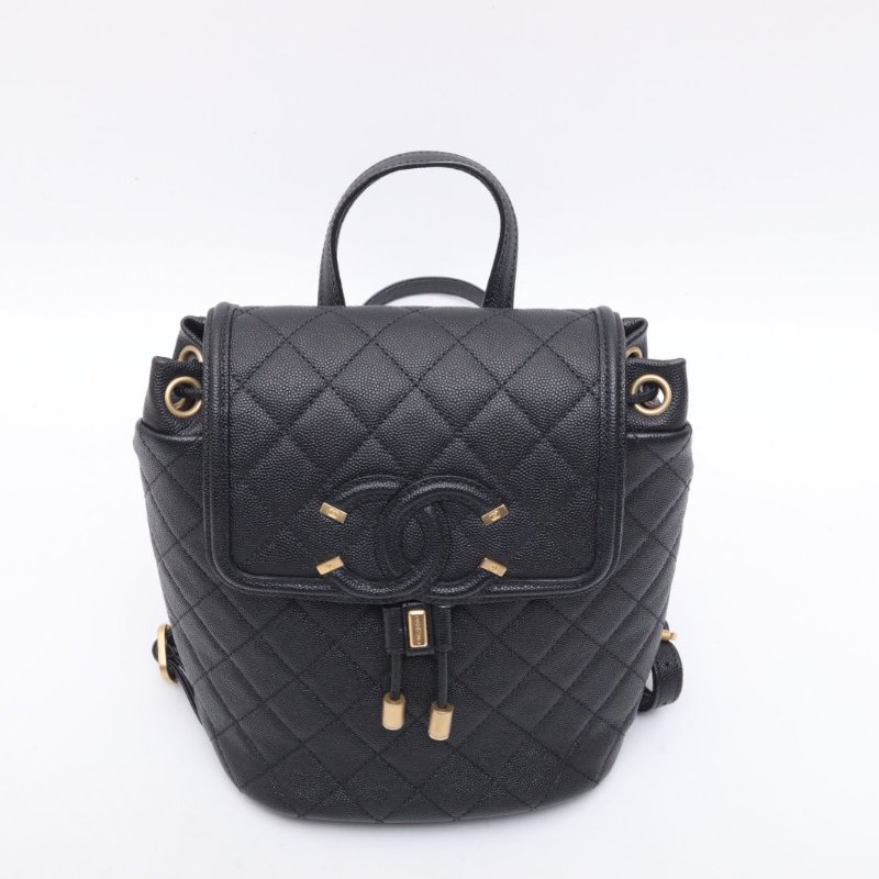 CHANEL 黑色荔枝牛皮28開金扣香奈兒chanel荔枝牛皮雙肩包肩背包-4