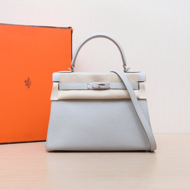 HERMES Kelly2880珍珠灰Togo皮B刻銀扣肩背包-0