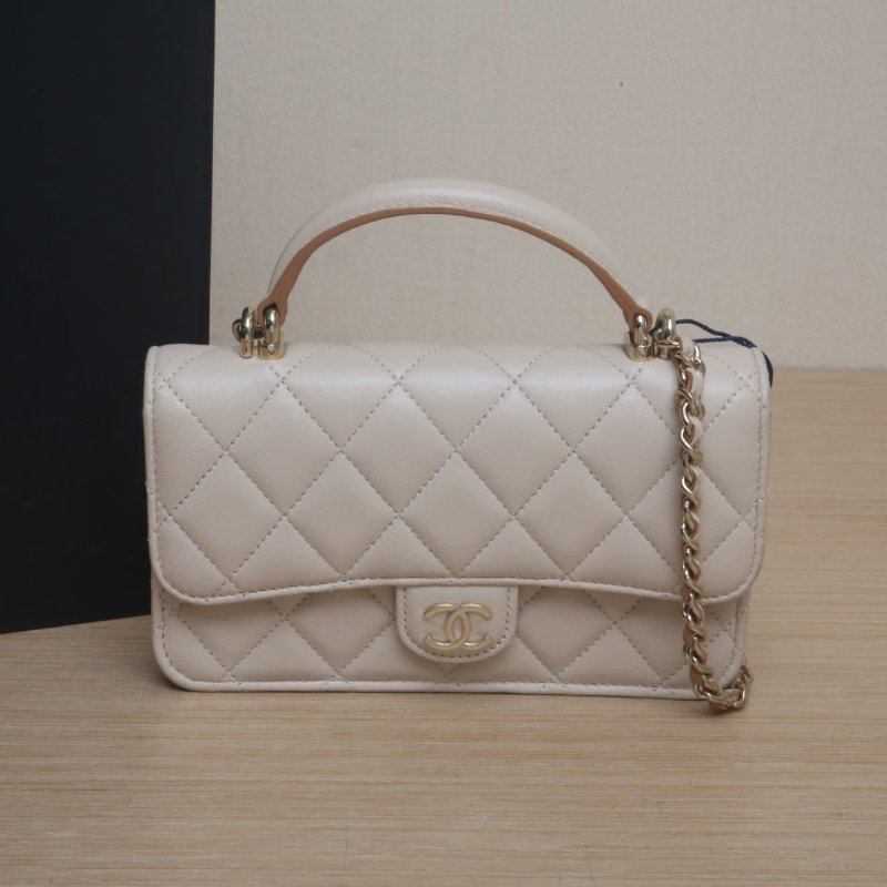 CHANEL CF手提WOC17奶茶色羊皮鐳射標淺金扣肩背包-0