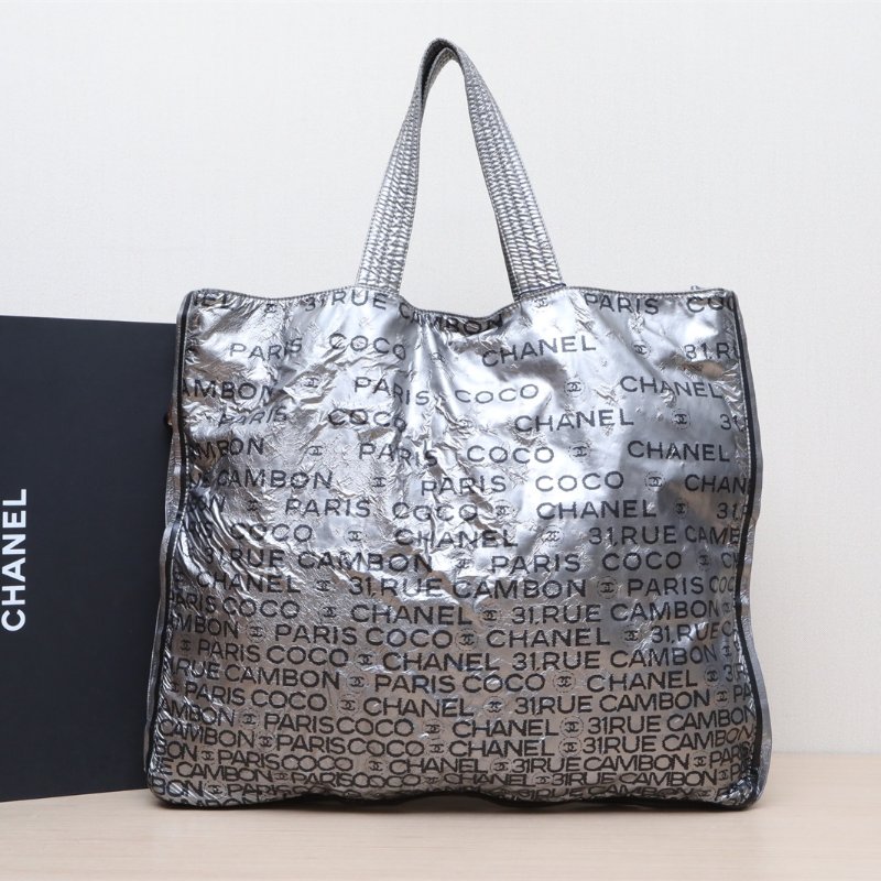 CHANEL 銀色帆布12開銀扣塗鴉手提托特包45肩背包-0