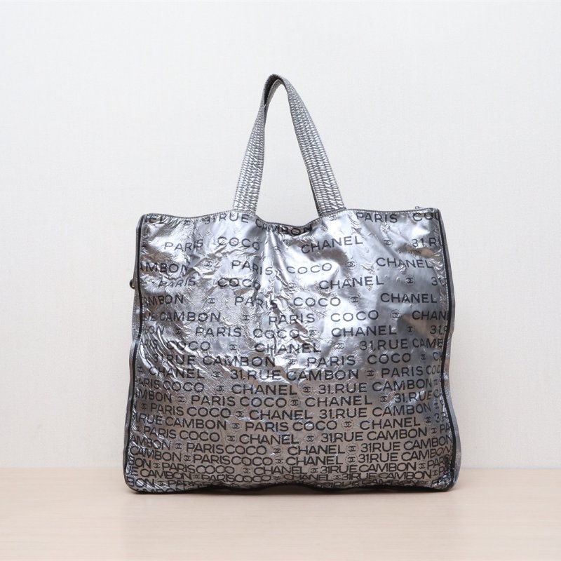 CHANEL 銀色帆布12開銀扣塗鴉手提托特包45肩背包-1