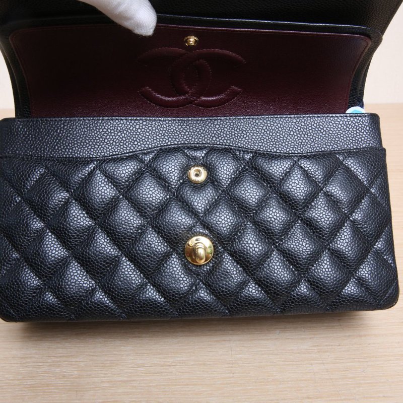 CHANEL CF口蓋包中號25.5黑色荔枝牛皮30開金扣肩背包-3