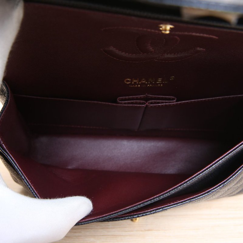 CHANEL CF口蓋包中號25.5黑色荔枝牛皮30開金扣肩背包-4