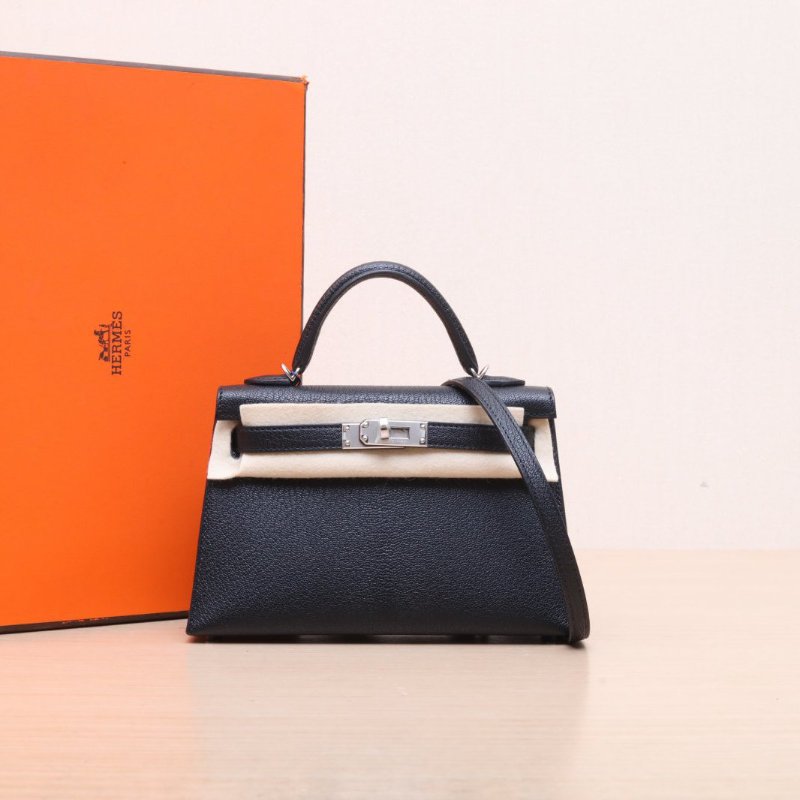HERMES MiniKelly二代1989黑色Chevre山羊皮W刻銀扣肩背包-0