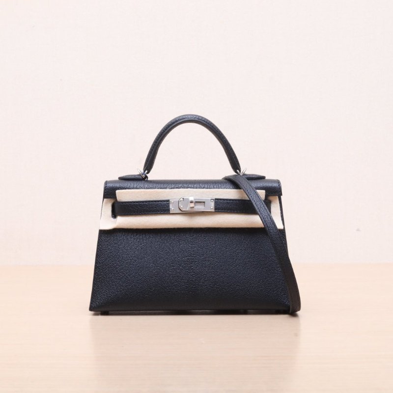 HERMES MiniKelly二代1989黑色Chevre山羊皮W刻銀扣肩背包-1