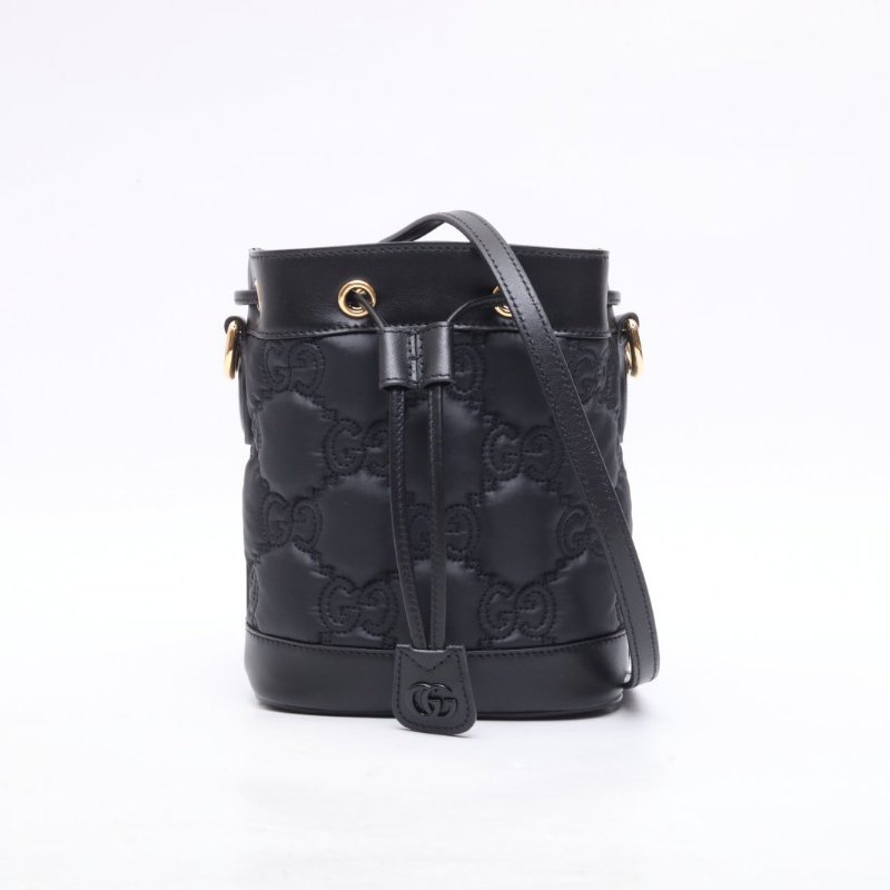 GUCCI 黑色牛皮尼龍金扣古馳/GucciGG新款小水桶，尺寸:19x15雙肩帶/肩背包-0