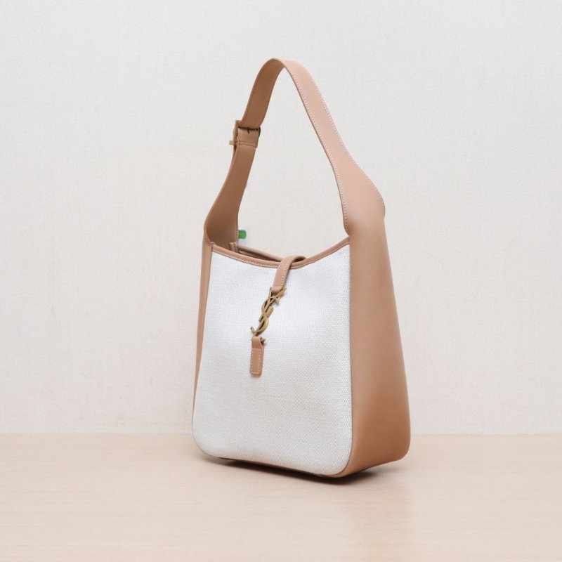 SAINT LAURENT LE5À7HOBO小號奶茶色牛皮/帆布金扣肩背包-4