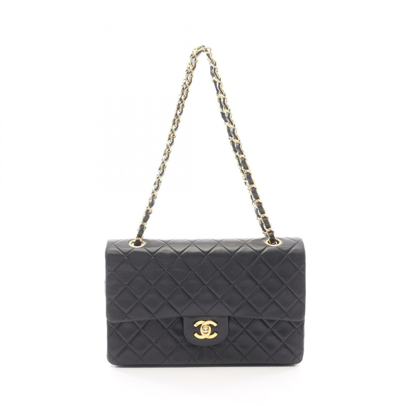CHANEL Matelasse W 翻蓋鏈條單肩包 羔羊皮 黑色 二手 GHW CC-0