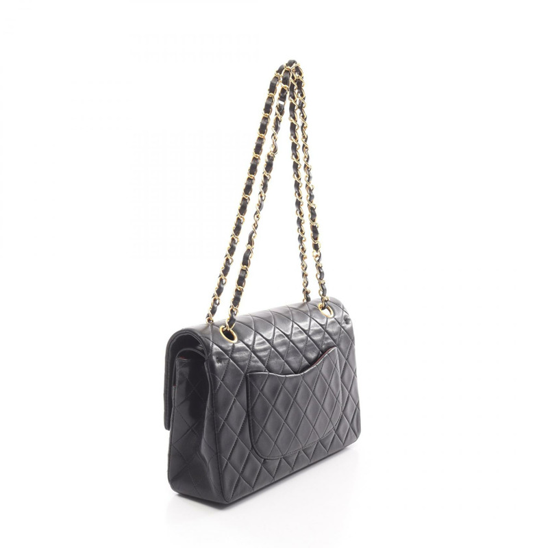 CHANEL Matelasse W 翻蓋鏈條單肩包 羔羊皮 黑色 二手 GHW CC-1