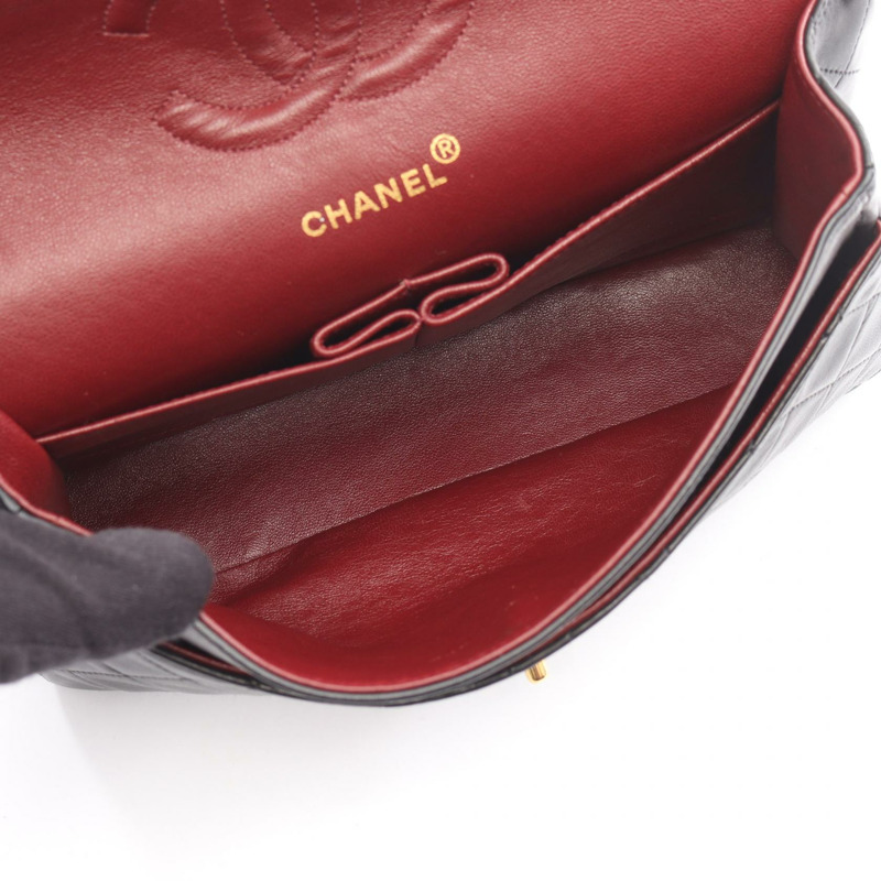 CHANEL Matelasse W 翻蓋鏈條單肩包 羔羊皮 黑色 二手 GHW CC-2