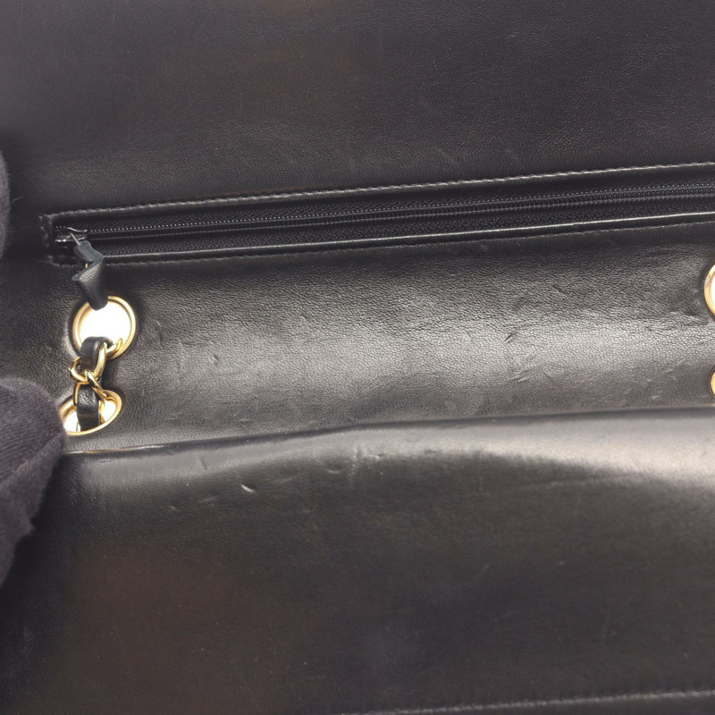 CHANEL Matelasse W 翻蓋鏈條單肩包 羔羊皮 黑色 二手 GHW CC-6