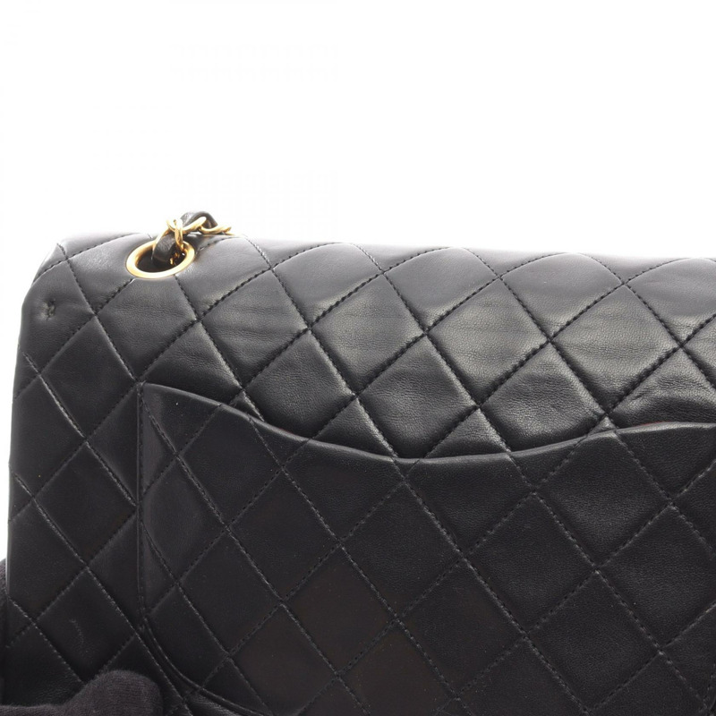 CHANEL Matelasse W 翻蓋鏈條單肩包 羔羊皮 黑色 二手 GHW CC-9