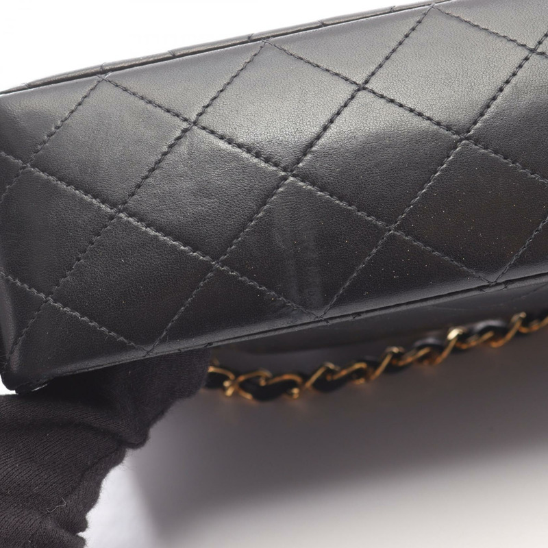 CHANEL Matelasse W 翻蓋鏈條單肩包 羔羊皮 黑色 二手 GHW CC-11