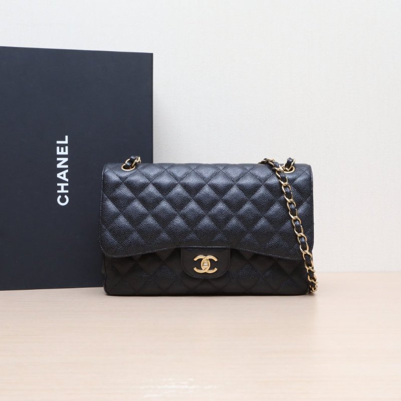 CHANEL CF口蓋包JUMBO30黑色荔枝牛皮24開金扣肩背包-0